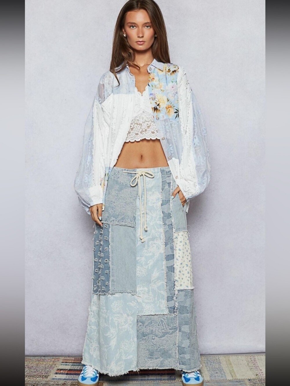 POL “Indigo Patches Maxi” Long Maxi Denim Light Blue Patchwork Skirt - Women S - Picture 12 of 13